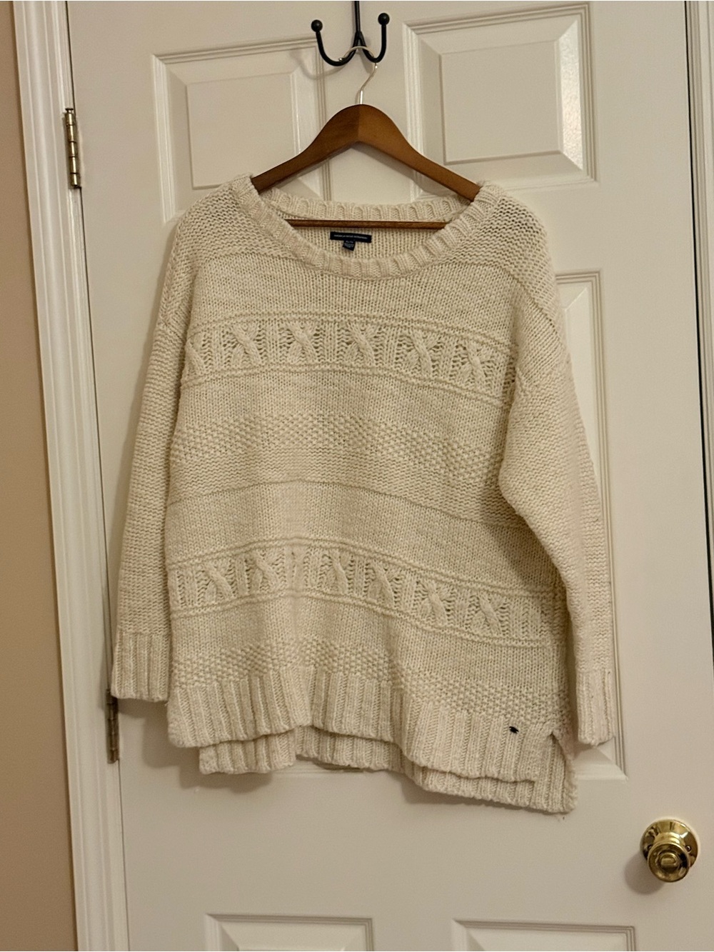 American Eagle Outfitters Cream Cable Knit Crewneck Sweater